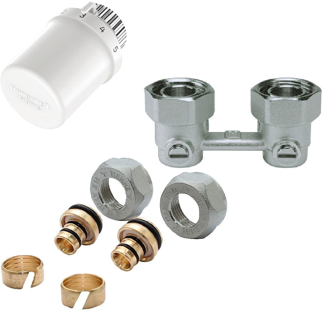 CV kraanset thermostatisch voor ventielradiator 1/2" of 3/4" met koppelingen 16MM Honeywell haaks