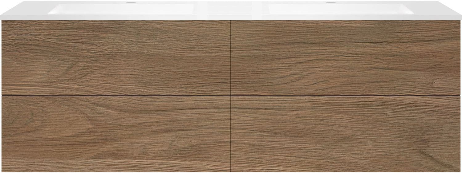Onderbouw COFFEE 4 lades 180 duo eik caramel +dubbele wastafel kunstmarmer mat wit